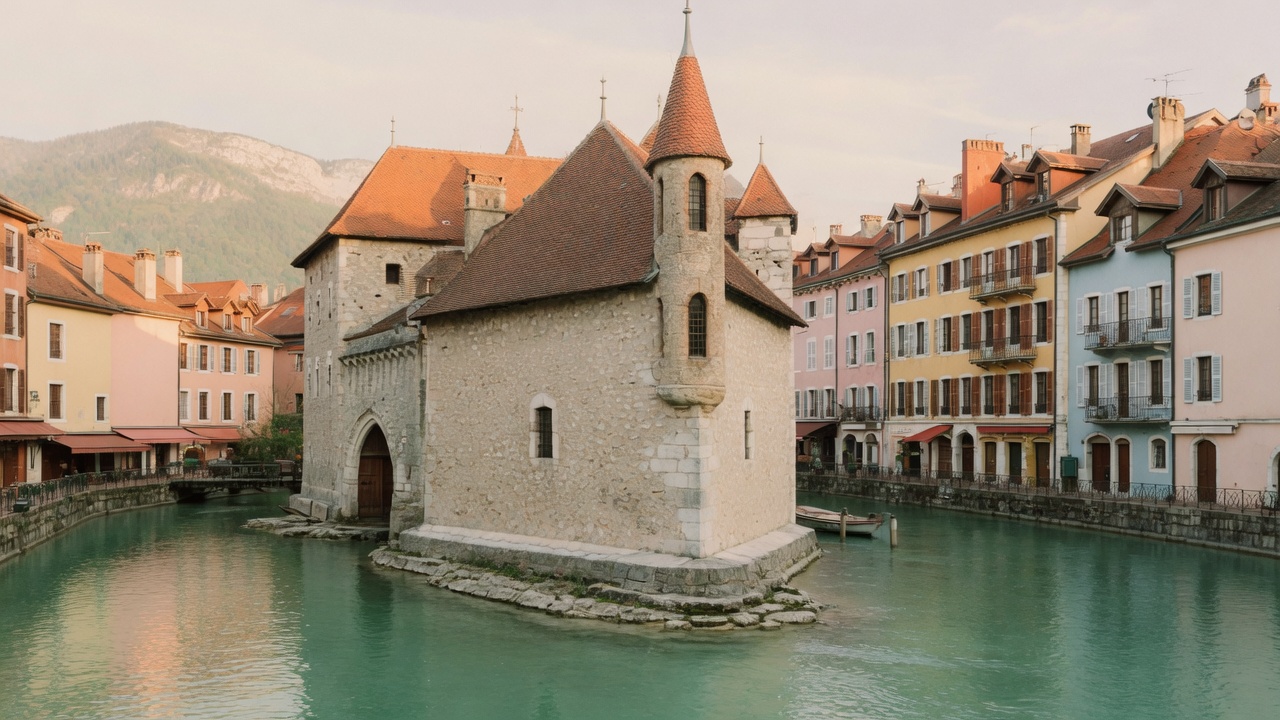 Le Palais de l’Île dans le canal turquoise d’Annecy, maisons pastel et toits de tuiles.